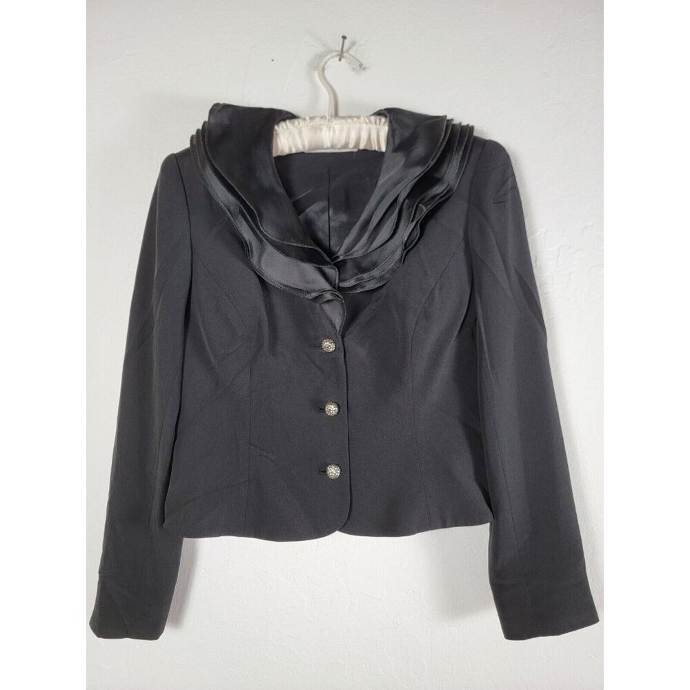 David Hayes Womens Black Satin Trim Blazer Jacket Elegant Formal Button up
